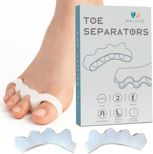 Walkize Toe Separators for Women & Men - Silicone Toe Spacers for Bunion Relief, Foot Pain Relief, Pedicure & Overlapping Toes - Comfortable Daily Wear (2 Pairs, White)