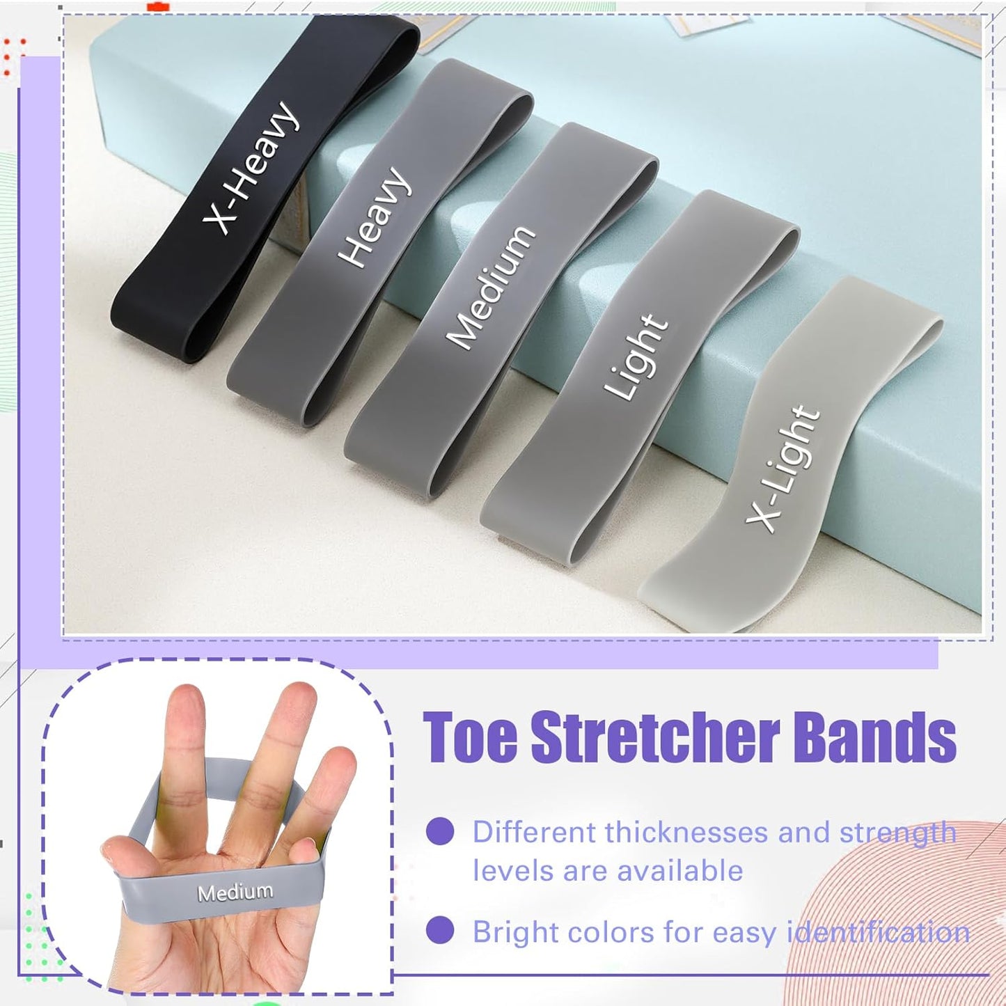 Set of 5 Toe Stretcher Bands for Bunions Correction Foot Big Toe Spacers Resistance Straightener Loop Bands with Carry Bag for Women Men Hallux Valgus Alignment Yoga Exercise(Grey)