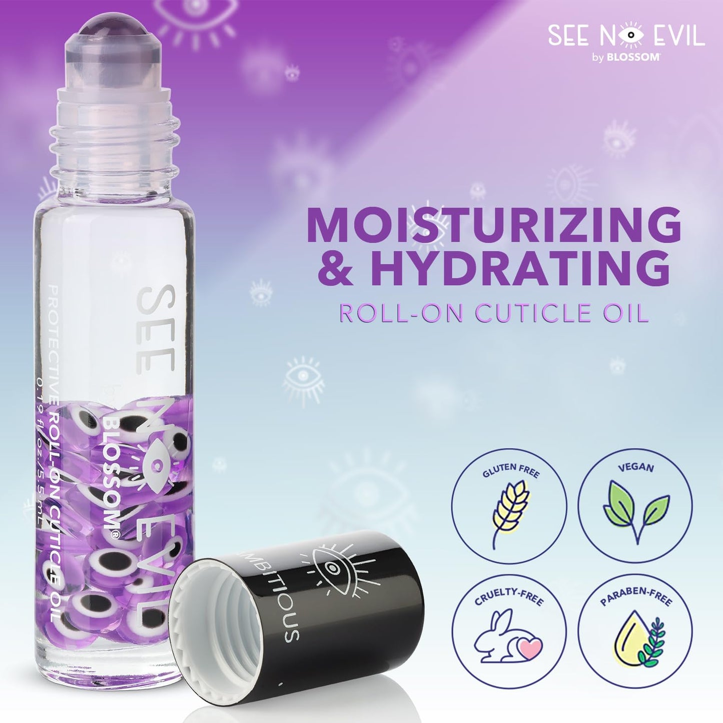 Blossom Cuticle Oil, See No Evil Scented Roll on Cuticle Oil for Nails, Rollerball Application for Nail Support, Cruelty Free, 0.19oz, Ambitious Lavender