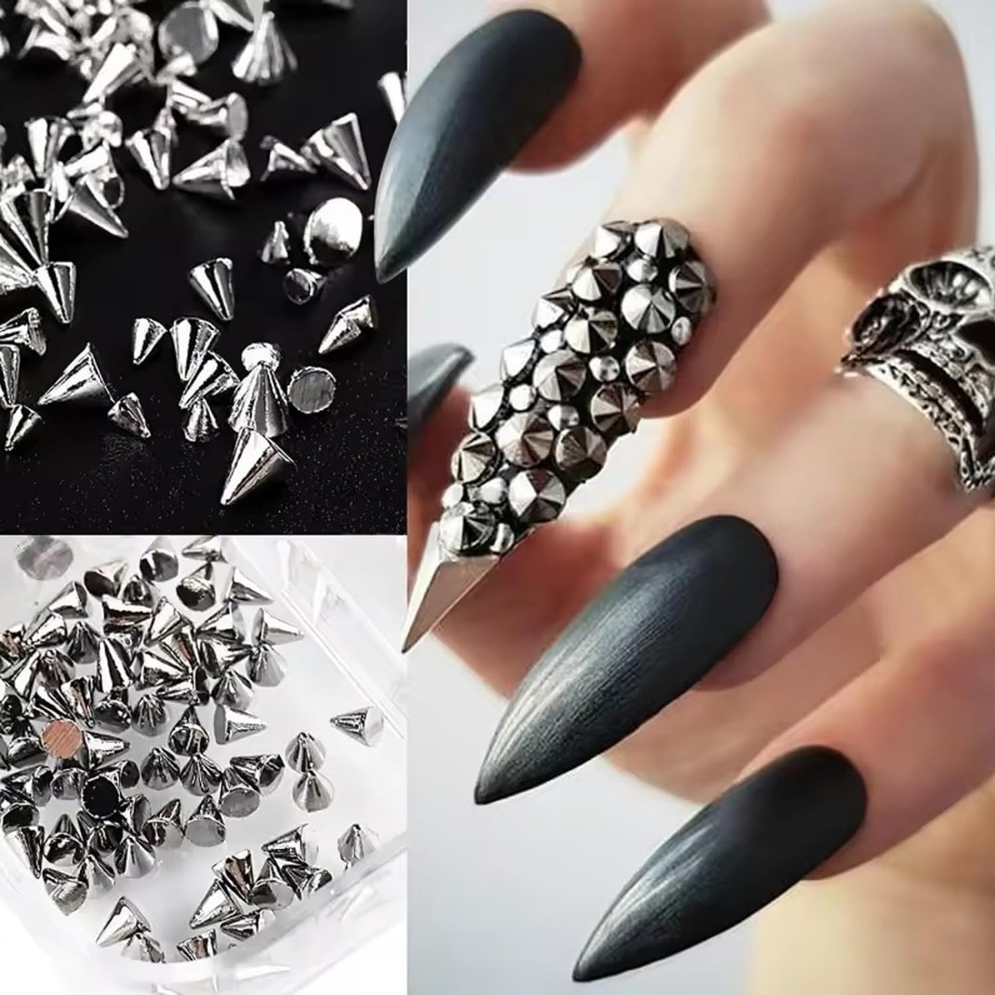 6 Grids Punk Bullet Rivet Nail Charm,3D Alloy Flat Bottomed Pointed Cone Mixed Black Silver Nail Art Rhinestones Studs DIY Crafts Nail Art Charm Spike Nails for Women DIY Nail Decoration Accessories