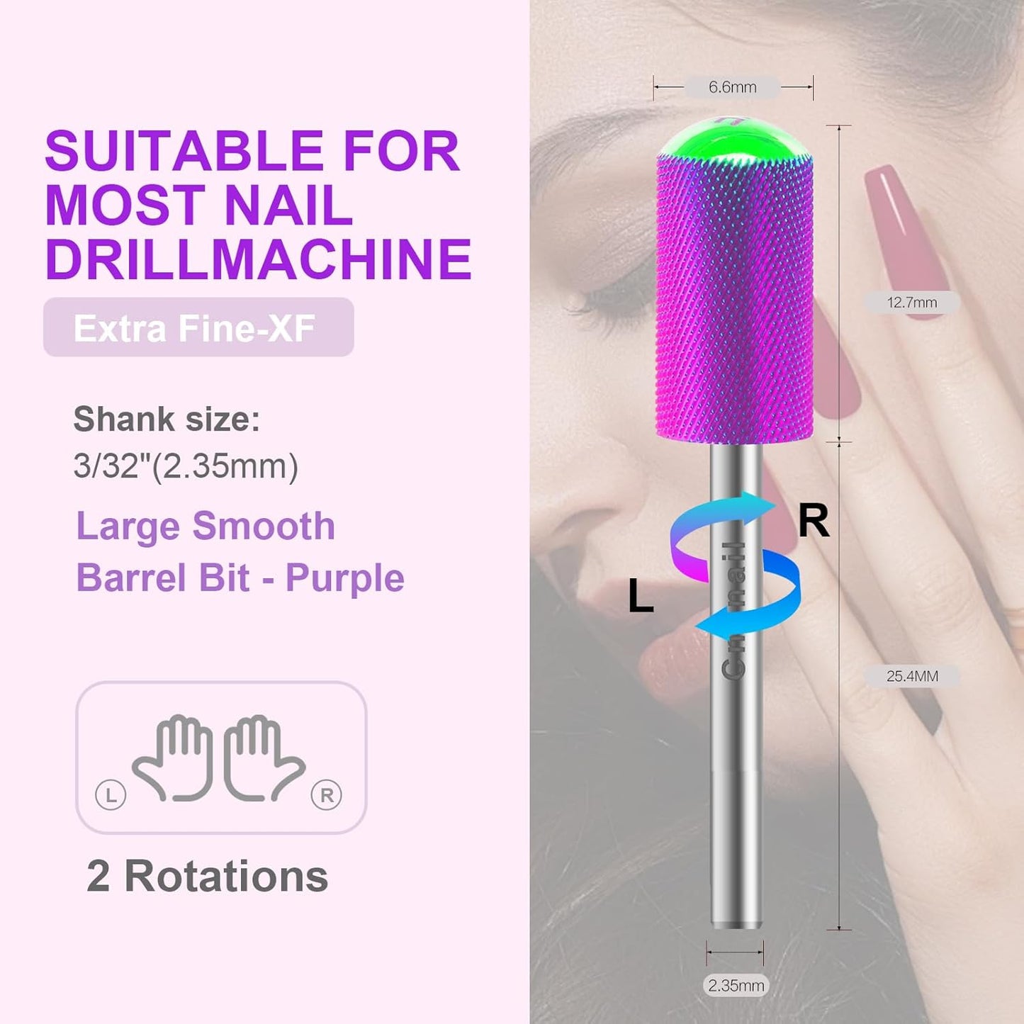 3/32" 2PCS Large Barrel Smooth Round Top Tungsten Carbide Nail Drill Bit Safety Bit for Gel & Acrylic Removal, 2-Way Rotating Efile Tip, Salon Electric File Accessory (XF Grit, Purple)