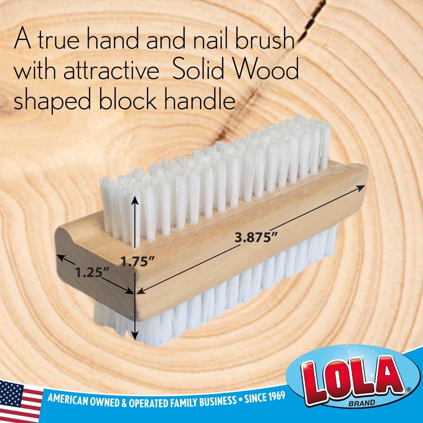 LOLA Classic Hand & Nail Wood Brush, 12 Pack, Heavy Duty 2 Sided Soft & Stiff Bristles, Cleans Hands, Fingernails, Feet & Toenails