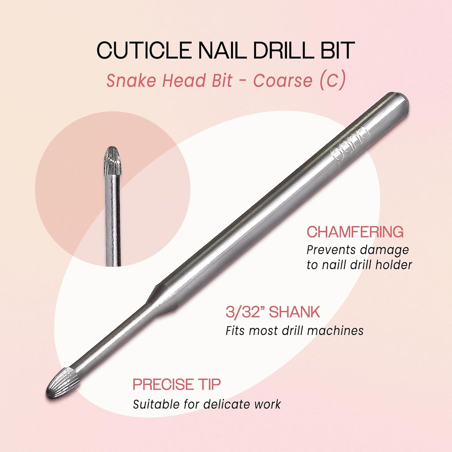 PANA 3/32" Carbide Cuticle Nail Drill Bit for Cuticle Cleaning, Dead Skin Removal, Gel Polish & Acrylic Removal, Under Nail Cleaner, Nail Salon, Manicure Tools (Snake Head - Silver, Coarse)