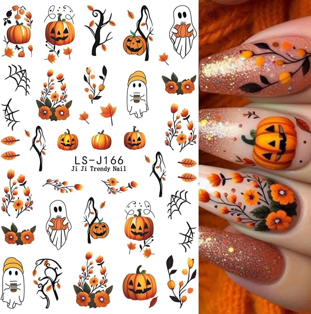 Halloween Nail Art Stickers Decals 3D Pumpkin Ghost Nail Decals 6PCS Skull Ghost Virus Leaf Bat Halloween Nails Design 3D Self-Adhesive Nail Art Supplies Manicure Sticker for Women Holiday Decoration