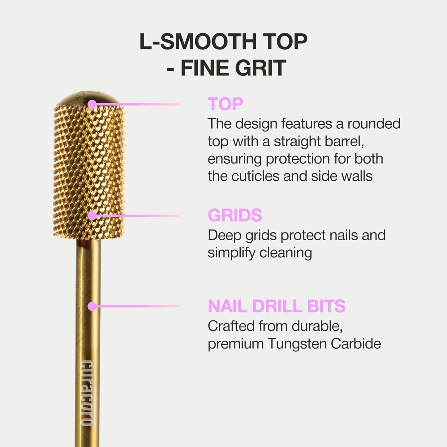 Curacoro Nail Drill Bits 3/32'' - L-Shape Smooth Stop Barrel Carbide Bit (Fine) for Professional Finish, Gently Remove, Buff & Polish Gel Nails, Nail Art Pedicure Manicure Salon & Home
