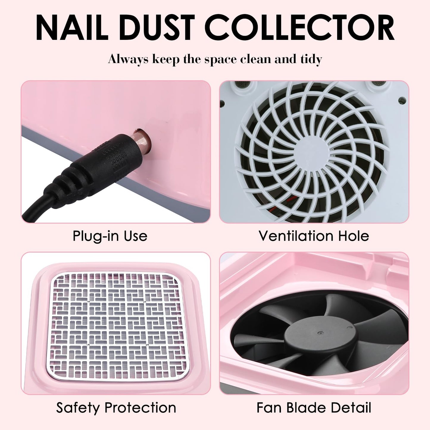 Pink Nail Dust Collector with Reusable Filter for Acrylic Gel Nails, 80W Power Nail Vacuum Cleaner Dust Catcher Adjustable Dust Sucker for Nails Manicure Pedicure at Home Nail Salons
