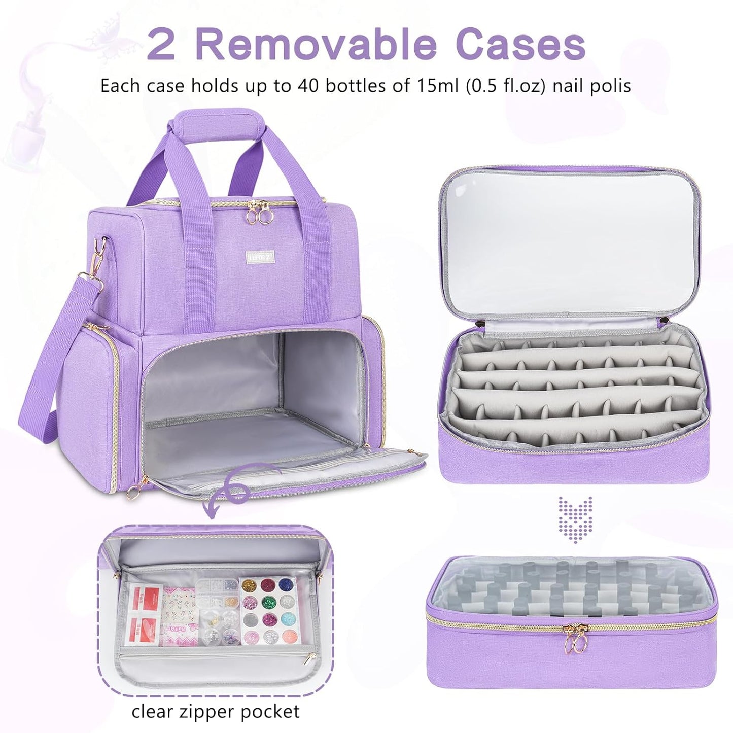 Nail Polish Organizer Holds 80 Bottles and a Nail Lamp,Nail Polish Carrying Case with 2 Removable Bags,Nail Organizers and Storage for Nail Tech,Portable Nail Polish Holder for Nail Supplies,Purple