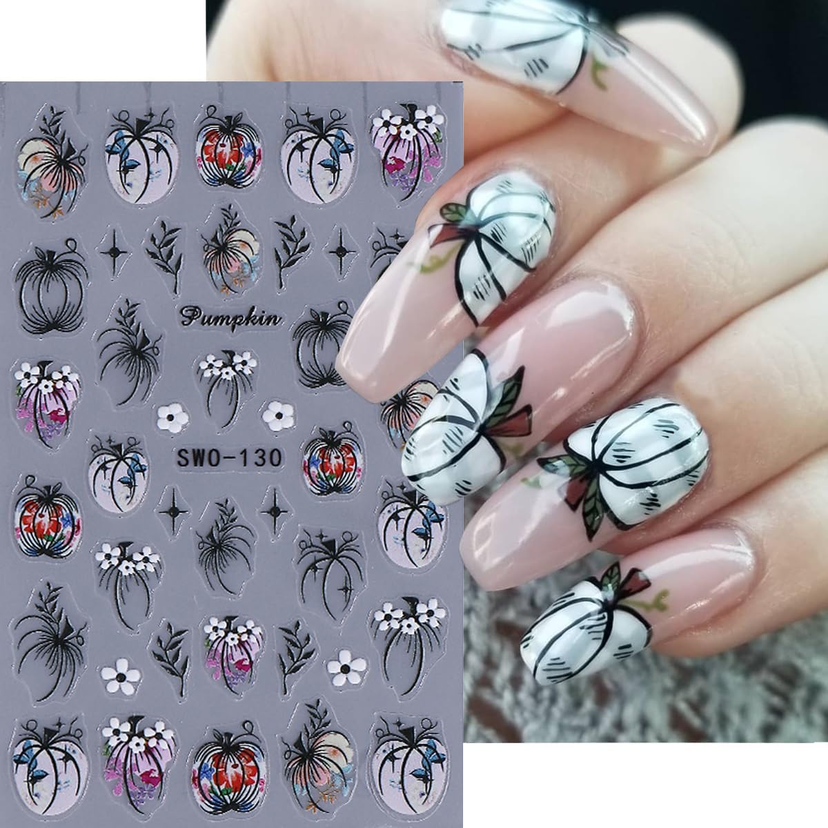 Fall Nail Stickers Halloween Pumpkin Nail Art Stickers Decals 3PCS 5D Engraved Leaf Flower Pumpkin Nails Design Self-Adhesive Fall Stickers Manicure Nail Art Supplies for Holiday DIY Nail Decorations