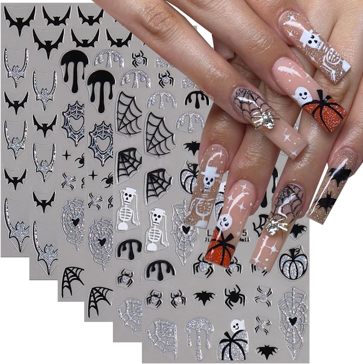 Silver Glitter Spider Nail Stickers,Halloween 3D Nail Decals Spiders Web Love Heart Glitter Flame Blood Drop Bat Star Moon Ghost Skull Design for Nail Art Halloween Supplies Manicure Decorations 6Pcs