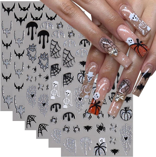 Silver Glitter Spider Nail Stickers,Halloween 3D Nail Decals Spiders Web Love Heart Glitter Flame Blood Drop Bat Star Moon Ghost Skull Design for Nail Art Halloween Supplies Manicure Decorations 6Pcs