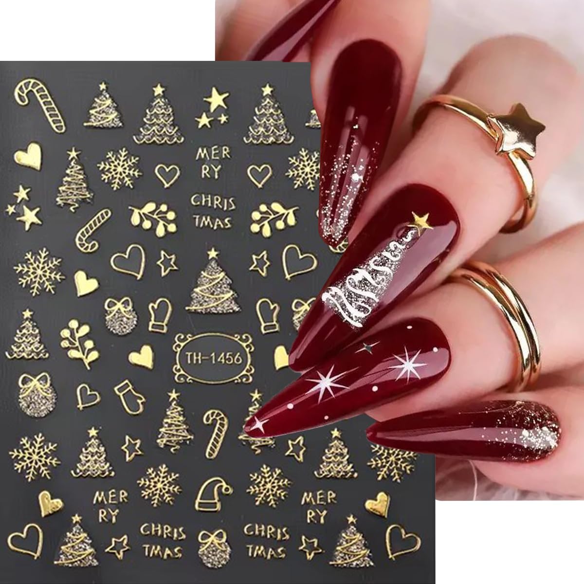 Christmas Nail Art Stickers Decals 3D Self-Adhesive Gold Christmas Nail Decals 6PCS Crystal Ball Snowflake Tree Candy Elk Xmas Nails Design Manicure Sliders for Women Holiday DIY Nail Decorations