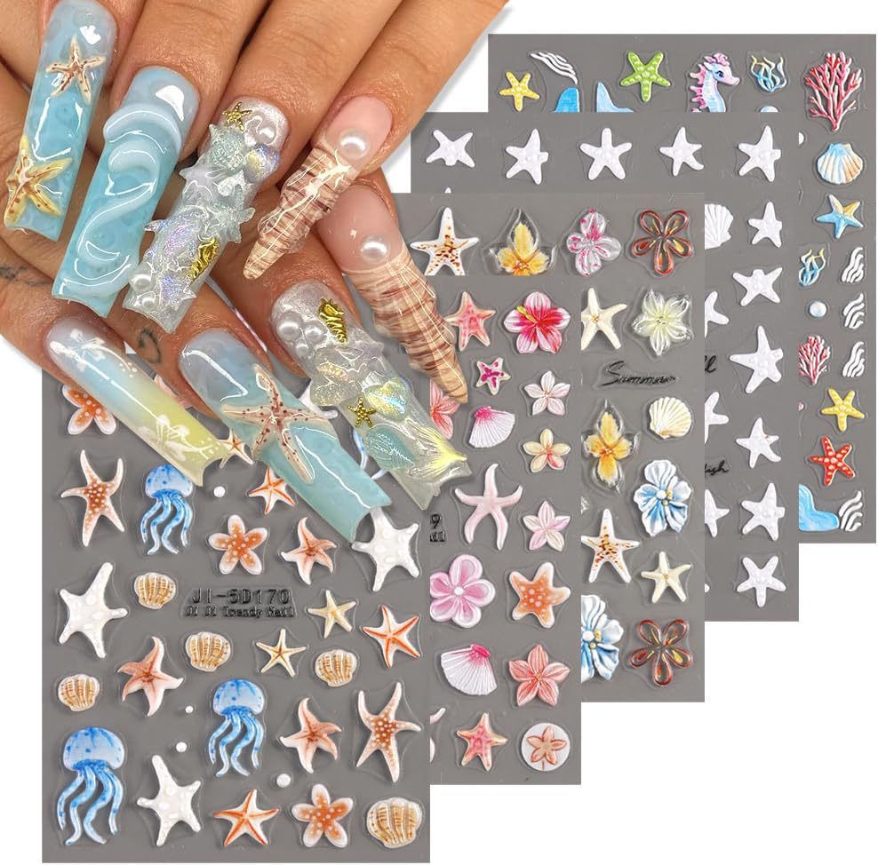 Ocean Life 5D Embossed Nail Art Stickers Decals, 5 Sheets Starfish Seashell Jellyfish Hibiscus Flowers Self Adhesive Nail Decals Summer Sea Theme Nail Supplies for Women Girls DIY Manicure Decor