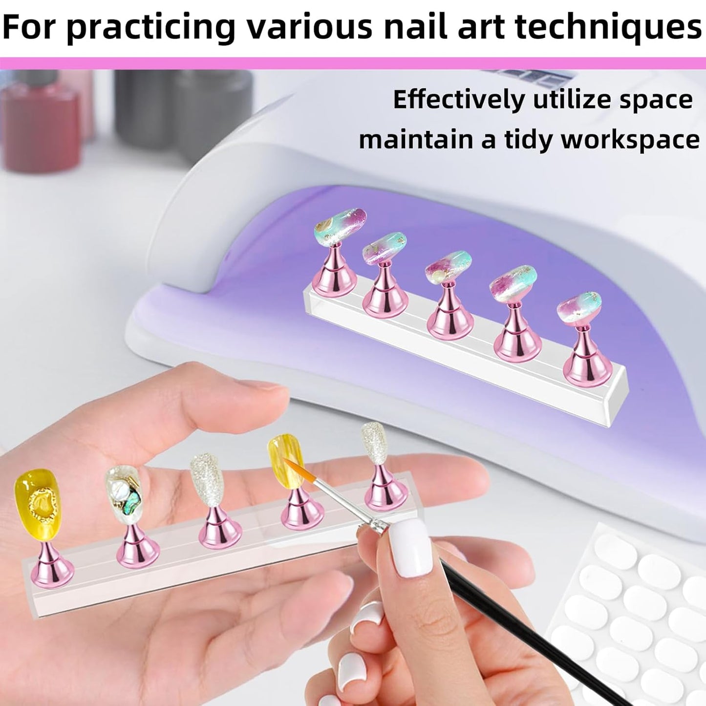 2 Set Nail Stand,Nail Holder Stand with 100 Pcs Double Sided Tape,Press on Nail Stand,Nail Practice Hand,Nail Holder for Painting Nails,for Nail Art Display,Home DIY Beginner Salon Supplies(Pink)