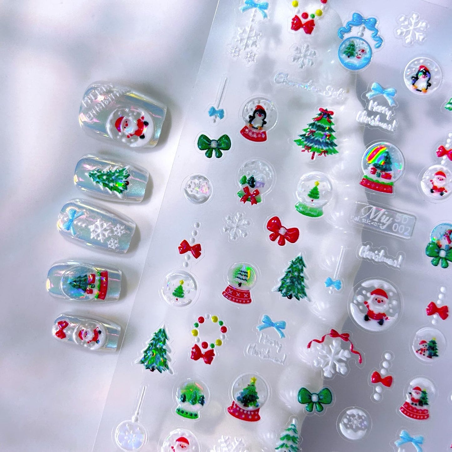 Christmas Nail Stickers 5D Embossed Christmas Lights Tree Nail Art Stickers Xmas Snowflake Nail Decals Self-Adhesive Penguin Design Sticker Holiday Nail Decoration for Women Manicure Accessories 4Pcs