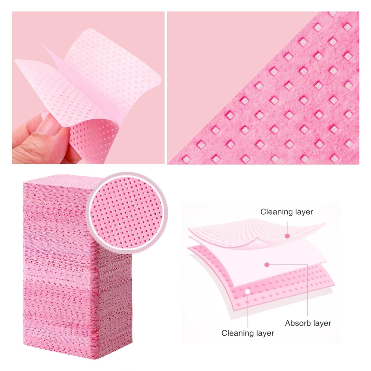 1800Pcs Lint Free Nail Wipes, Pink No Lint Nail Wipes for Gel Nails Lint Free Polish Remover, Wipe Off Eyelash Extension Glue, Nail Cleaning Pad Supplies