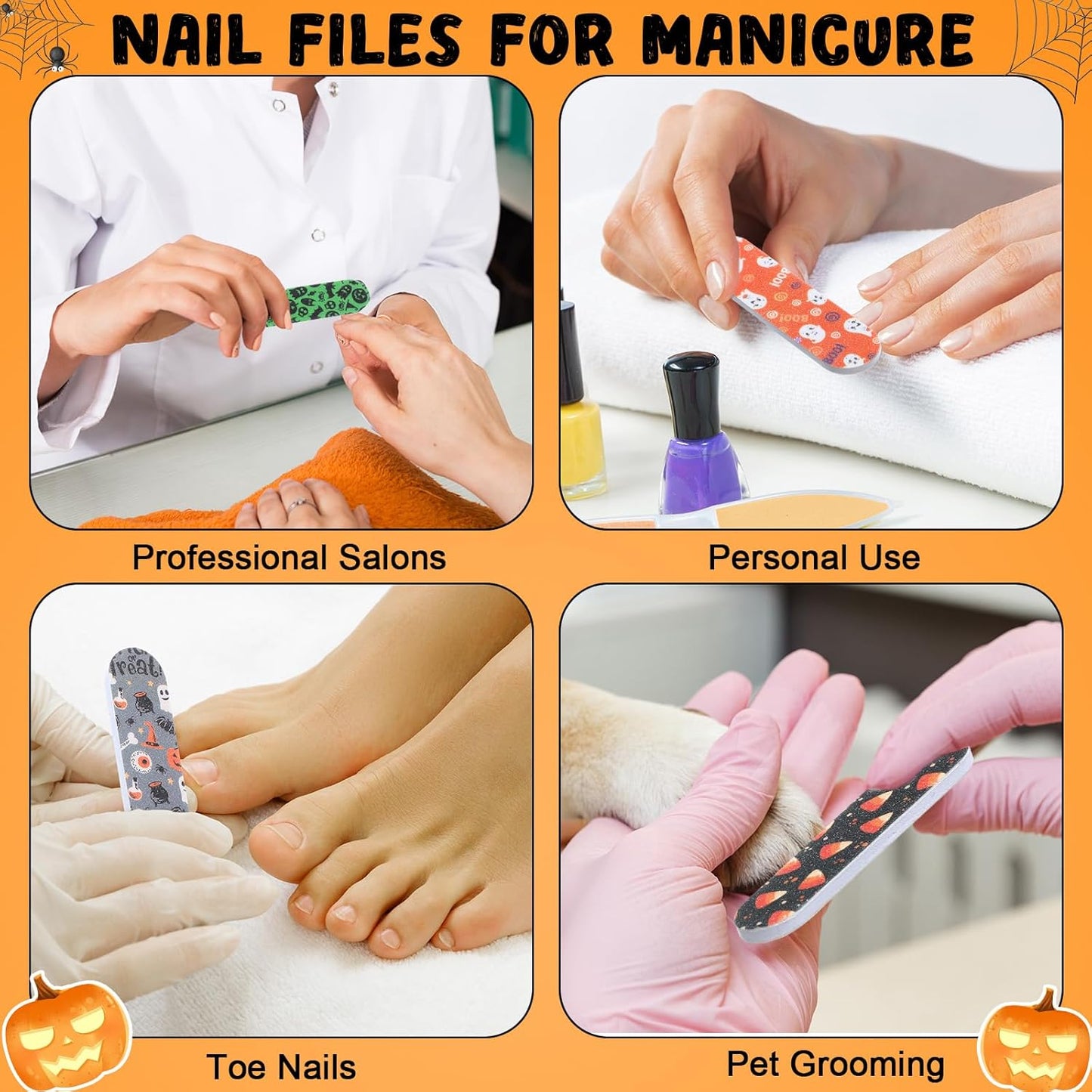Lasnten 200 Pcs Halloween Gifts Bulk Mini Nail Files for Women Bat Spider Skull Double Sided Emery Board Nail File for Natural Nails Pumpkin Manicure Tools for Halloween Party Favor