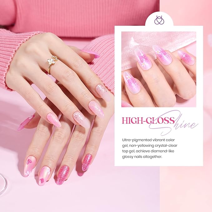 Beetles Pink Gel Nail Polish Set - 6 Colors Shimmer Nail Polish Nail Kit Hot Pink Pearl White Glitter Color Gel Pink Reverie Collection Soak Off Uv LED Nail Lamp Gift for Women & Girls
