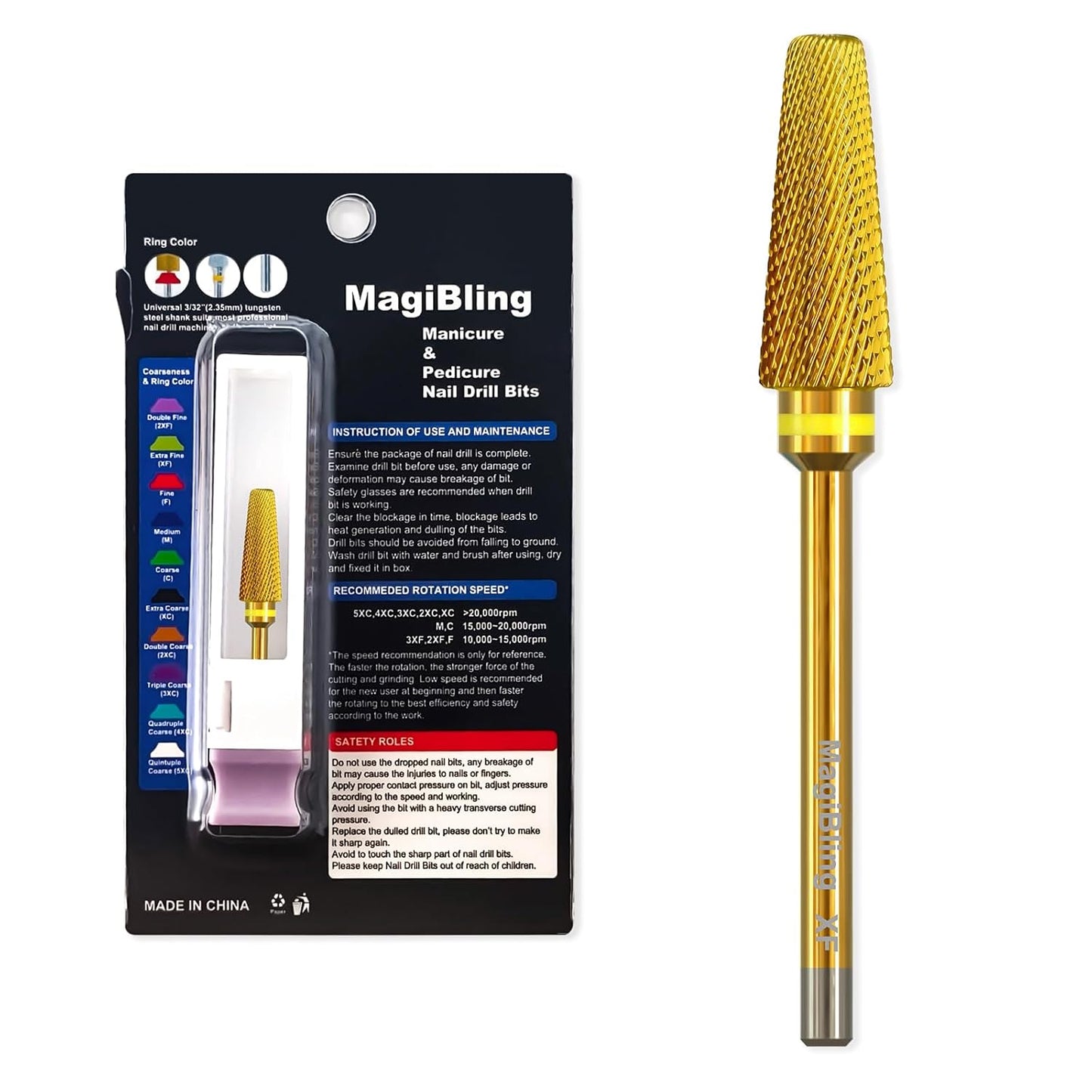 Super Cut 5 In 1 Nail Drill Bits，Tapered 3/32'' Safety Tungsten Bits, Upward Cut for Hard Gel Removal, Right Hand Use, Manicure Cuticle Gel Polishing, Technicians Bits, Gold, Extra Fine.