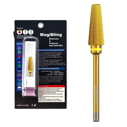 Super Cut 5 In 1 Nail Drill Bits，Tapered 3/32'' Safety Tungsten Bits, Upward Cut for Hard Gel Removal, Right Hand Use, Manicure Cuticle Gel Polishing, Technicians Bits, Gold, Extra Fine.