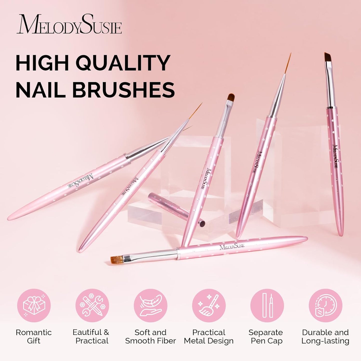 MelodySusie 6pcs Nail Art Brushes Set, Professional Pen Nail Gel Brush, Nail Extension and Builder Brush, Liner Brush 3 Sizes, Fashion Design for Home DIY Salon Use, Rose Gold