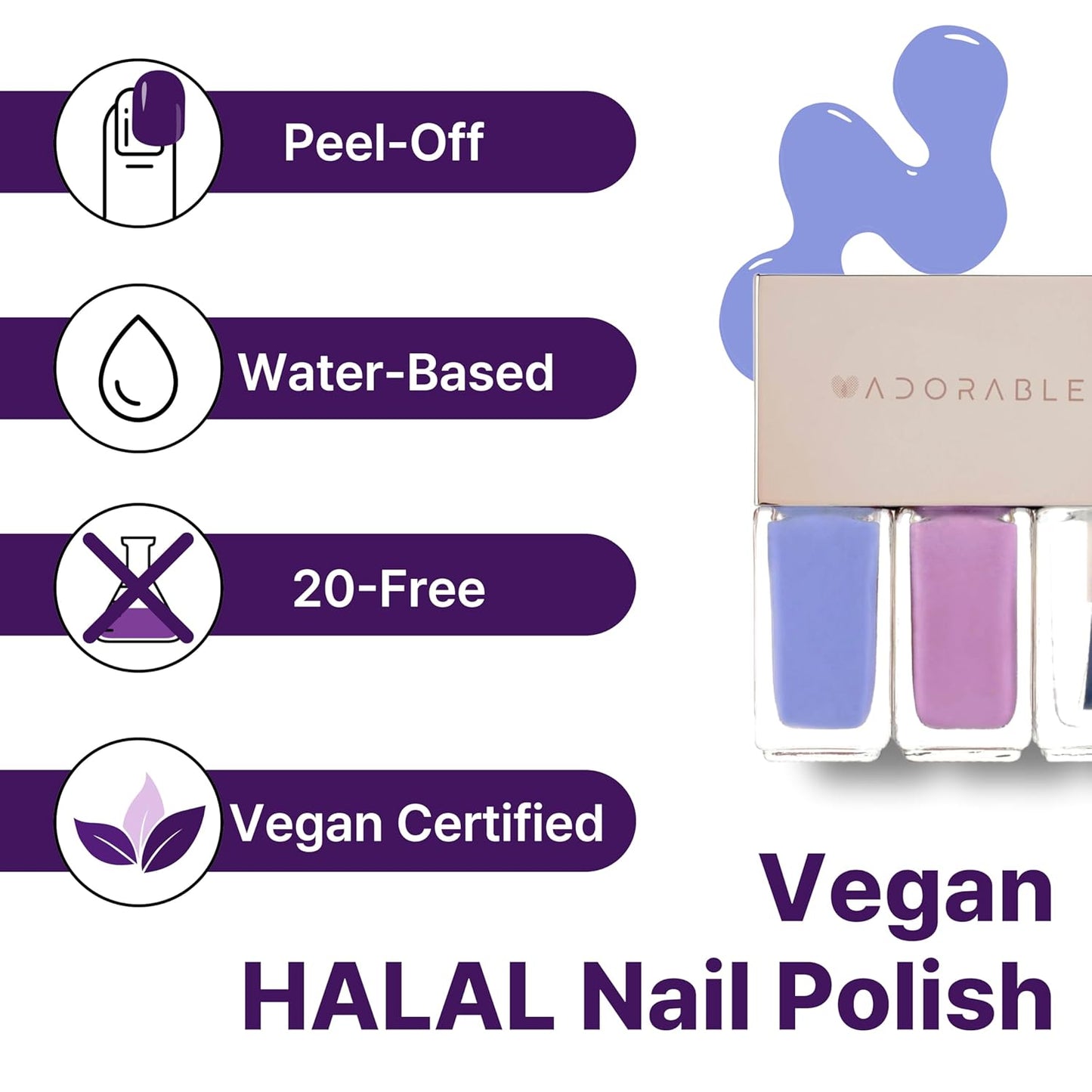 Breathable Halal Vegan Nail Polish – Water-Based 3pc Gift Set (Blue Purple + Lilac Pink + Clear Top Coat) | Non-Toxic, Peel-Off, Cruelty-Free, Eco-Friendly, 0.51 fl oz