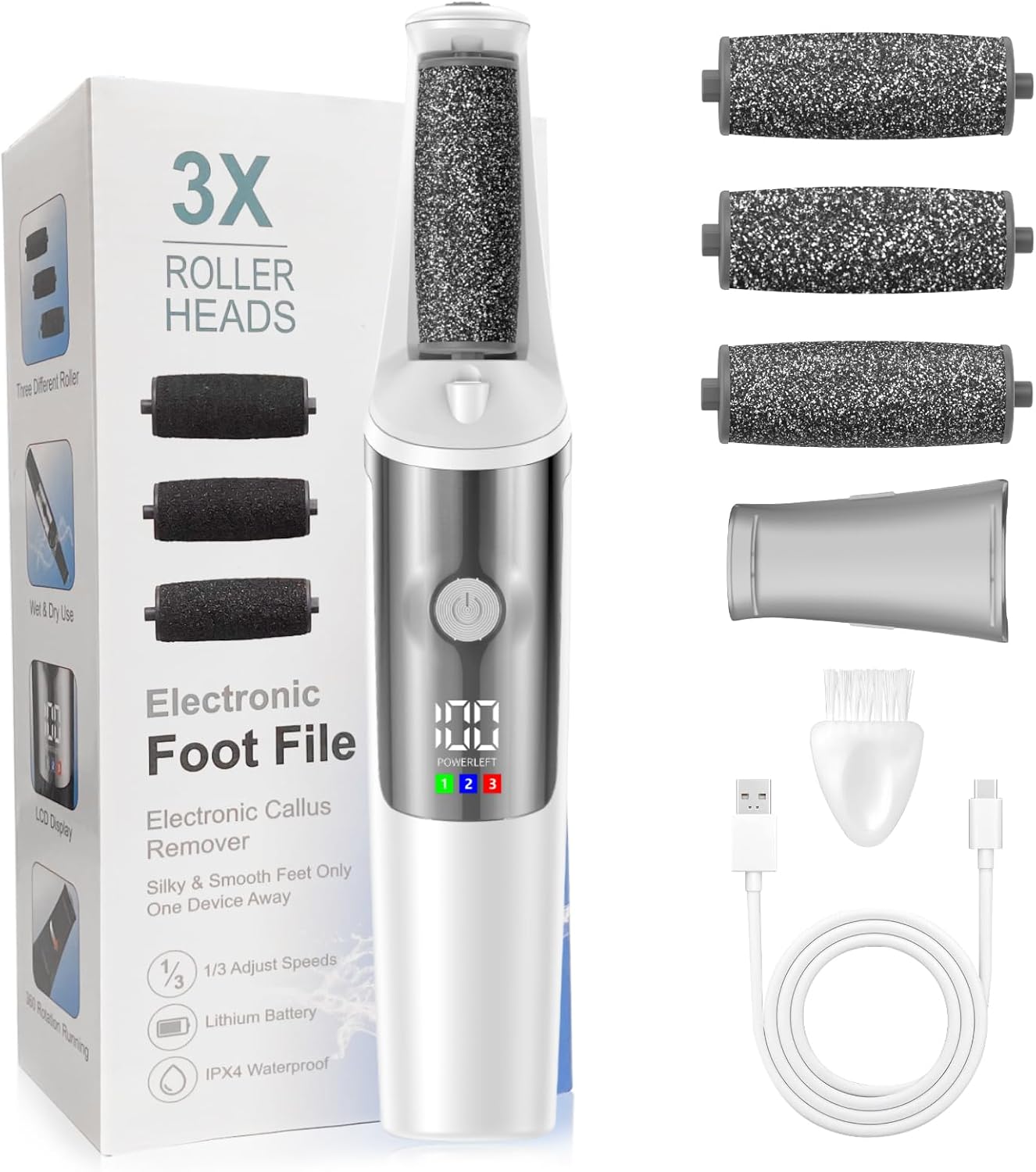 Electric Foot Callus Remover, Rechargeable Electronic Foot File Foot Scrubber Pedicure Kits, Professional Pedicure Tools Smooth Pedicure Wand, Foot Care for Dead Skin Ideal Gift, 3 Rollers,3 Speeds