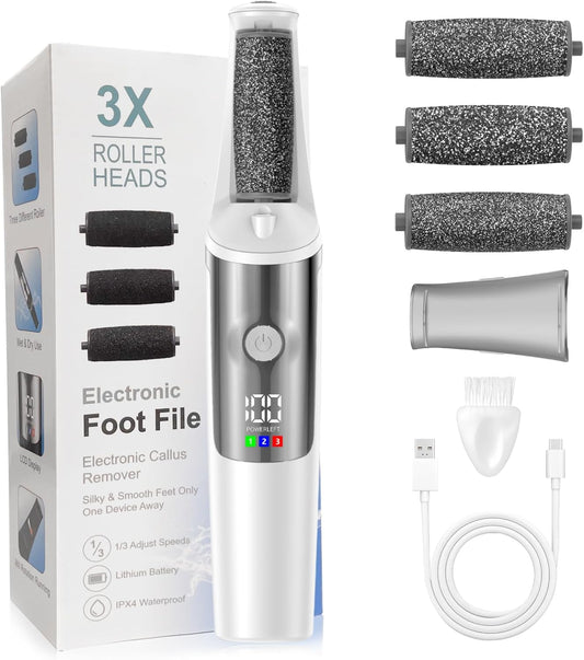 Electric Foot Callus Remover, Rechargeable Electronic Foot File Foot Scrubber Pedicure Kits, Professional Pedicure Tools Smooth Pedicure Wand, Foot Care for Dead Skin Ideal Gift, 3 Rollers,3 Speeds