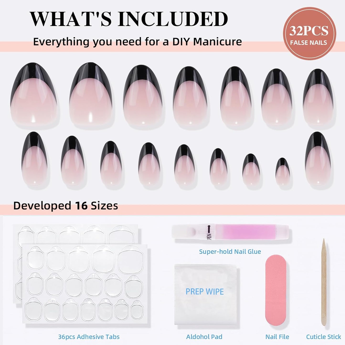 French Tip Press on Nails, Short Press on Nails Almond Reusable Glossy Soft Gel False Nails Black Press ons for Women, 16 Sizes 32 Count Nails Kit with Glue (SV-02)