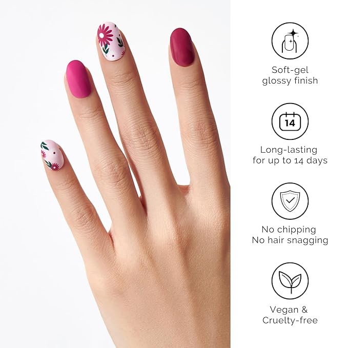 Semi Cured Gel Nail Strips - NAILOG 34 Pcs Floral Nail Stickers Long Wraps with Glossy Gel Finishing for Autumn, in The Meadow
