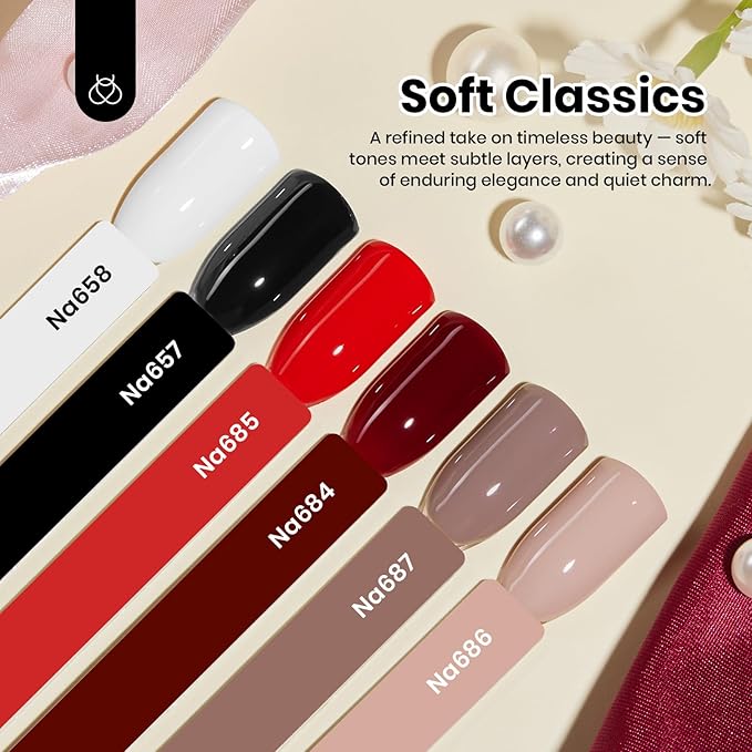 Beetles Fall Winter Gel Nail Polish Set, 6 Colors 15ML Brown Burgundy Black White Red Nude Hema-Free Soft Classics Polish Soak off Uv Led Lamp Nail Art Salon Colorful Bottle Manicure