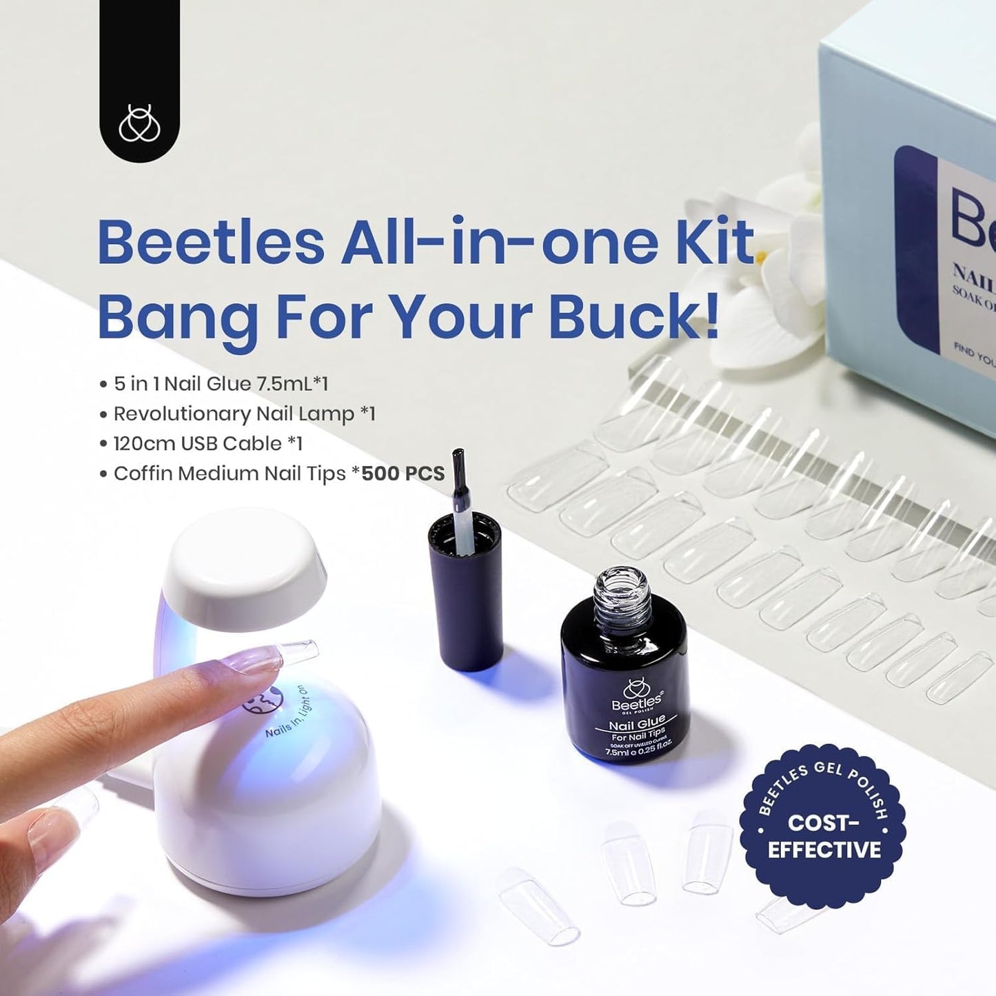 Beetles Gel Nail Kit Easy Extension Set With 500Pcs Medium Coffin Shaped Tips 5 in 1 Nail Glue Base Gel and Innovative Led Lamp Easy Funny Diy False Tips Art at Home Day Gifts for Her