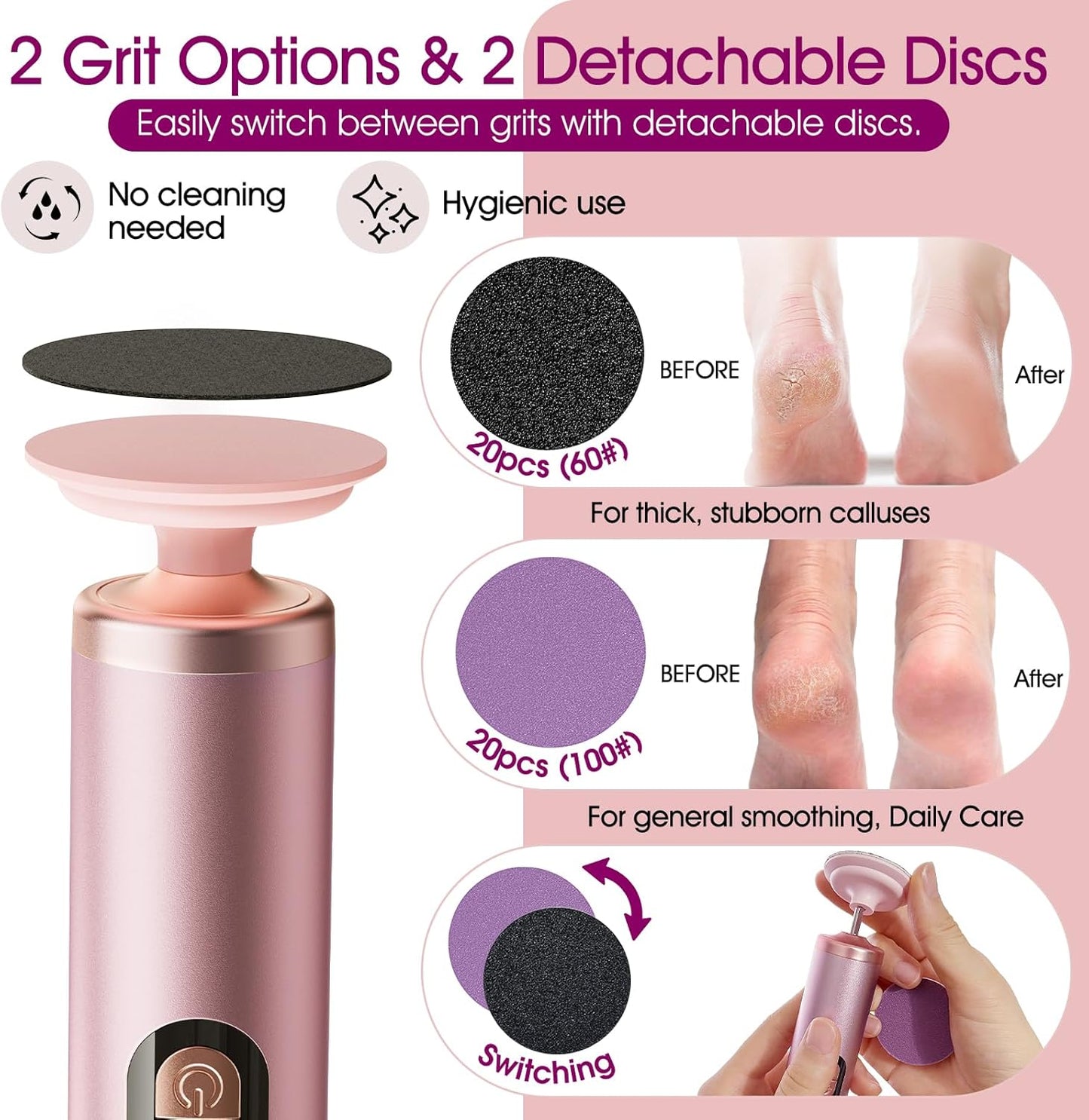 Electric Foot Callus Remover Rechargeable, Professional Pedicure Tools for Feet with 40PCS Sandpaper Discs, Adjustable Speed Heel Scraper for Cracked Heels, Foot Scrubber File for Dry Dead Skin