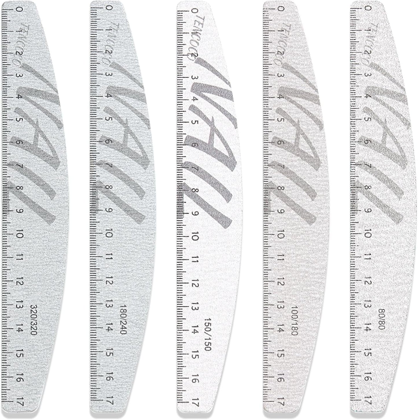 5Pcs 80/100/150/180/240/320 Grit Nail Files and Buffers with Measuring Scale Double Sided Emery Boards Washable Reusable Fingernail Coarse Files Professional Manicure Tools