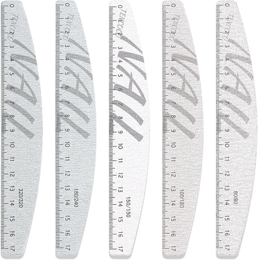 5Pcs 80/100/150/180/240/320 Grit Nail Files and Buffers with Measuring Scale Double Sided Emery Boards Washable Reusable Fingernail Coarse Files Professional Manicure Tools