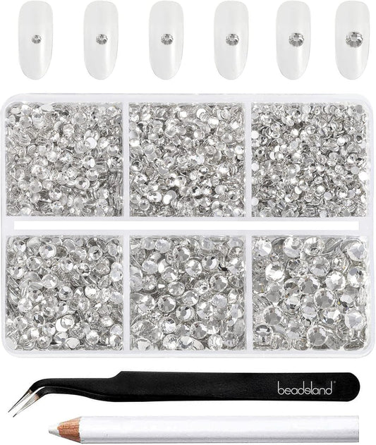 Beadsland 4300pcs Flatback Rhinestones,Clear Rhinestones Nail Gems Round Crystal Rhinestones for Crafts,Mixed 6 Sizes with Picking Tweezers and Wax Pencil Kit, SS6-SS20,Crystal