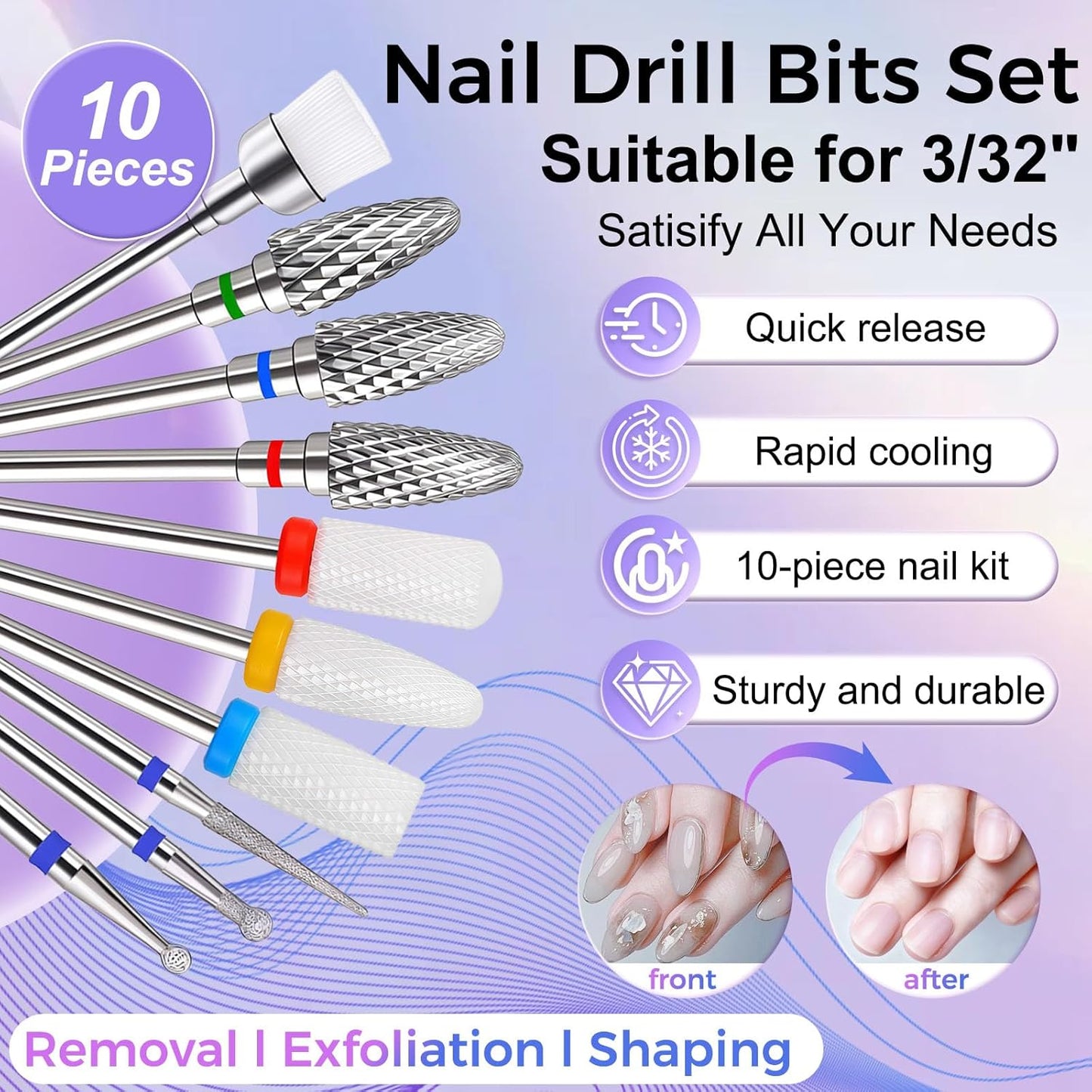 Fantexy 10Pieces Ceramic Nail Drill Bits, 3/32 Inch Professional Acrylic Nail Bit Set,Nail File Bits Nail Art Tools For Electric Manicure Machine Home Salon Use