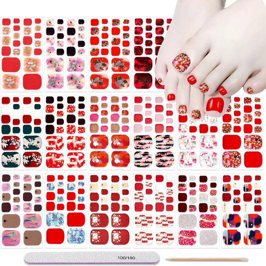 DANNEASY 16 Sheets Toe Nail Stickers Full Nail Wraps for Women Red Glitter Toenail Polish Strips Self Adhesive Toes Nail Polish Stickers Manicure Sticker with File, Cuticle Stick