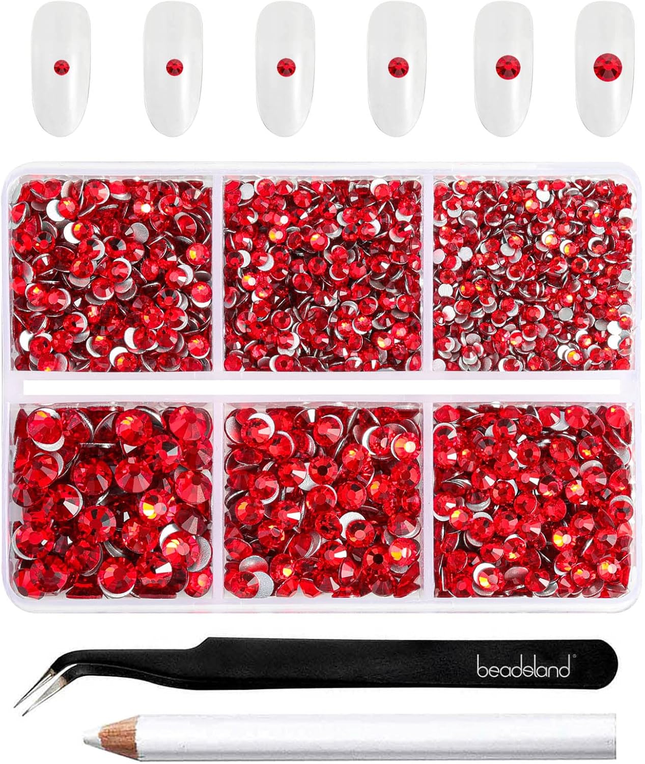 Beadsland 4300pcs Flatback Rhinestones,Light Red Rhinestone Nail Gems Round Crystal Rhinestones for Crafts,Mixed 6 Sizes with Picking Tweezers and Wax Pencil Kit, SS6-SS20,Light Siam