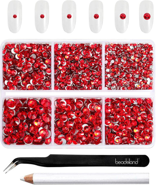 Beadsland 4300pcs Flatback Rhinestones,Light Red Rhinestone Nail Gems Round Crystal Rhinestones for Crafts,Mixed 6 Sizes with Picking Tweezers and Wax Pencil Kit, SS6-SS20,Light Siam