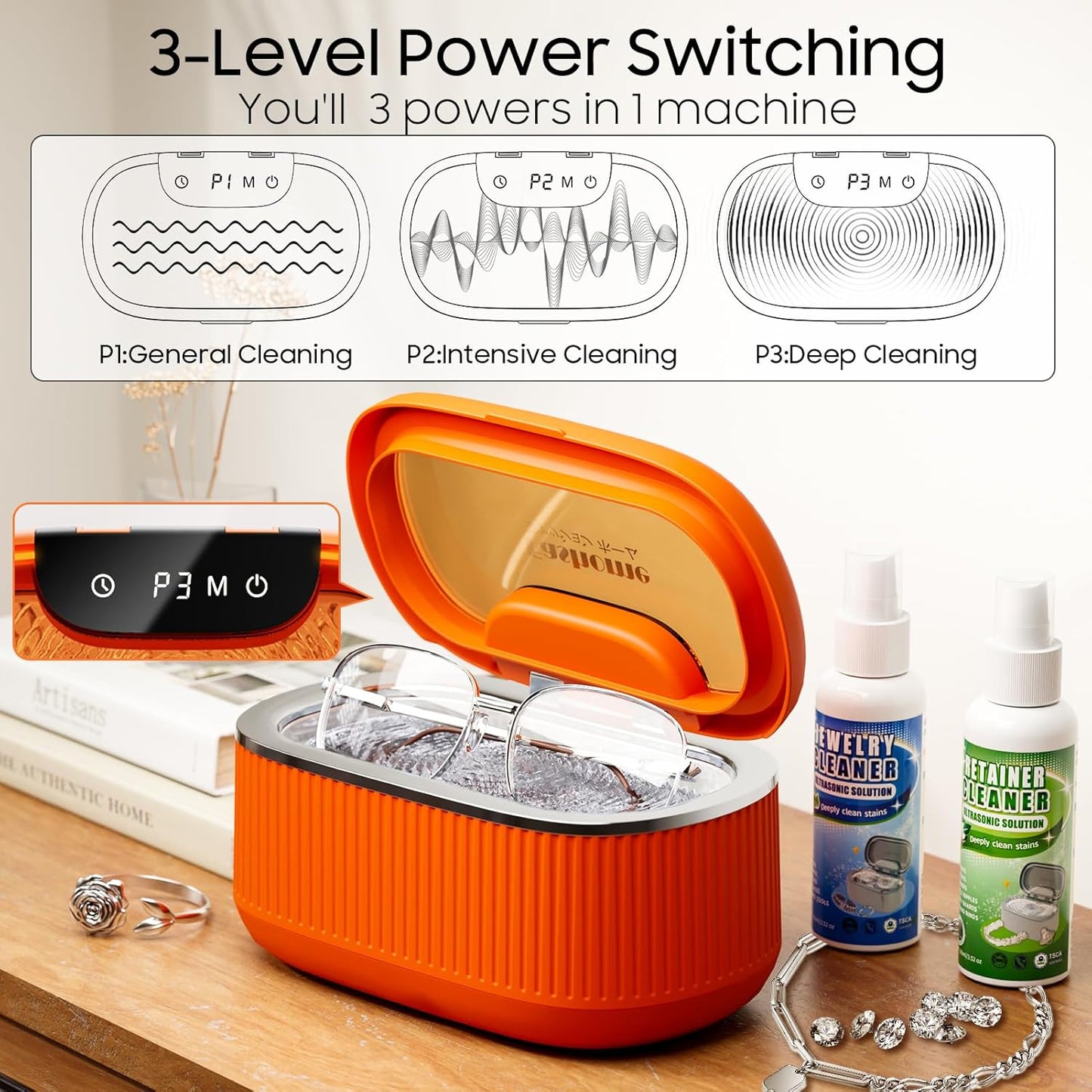 Ultrasonic Jewelry Cleaner Set with Basket/Holder - 45KHz 550ML w/Lights, 3 Powers 5 Timers & Degas Mode, 7oz Ultrasonic Cleaner Solution for Retainer, Rings, Eyeglasses, Dentures, Watches, Coins