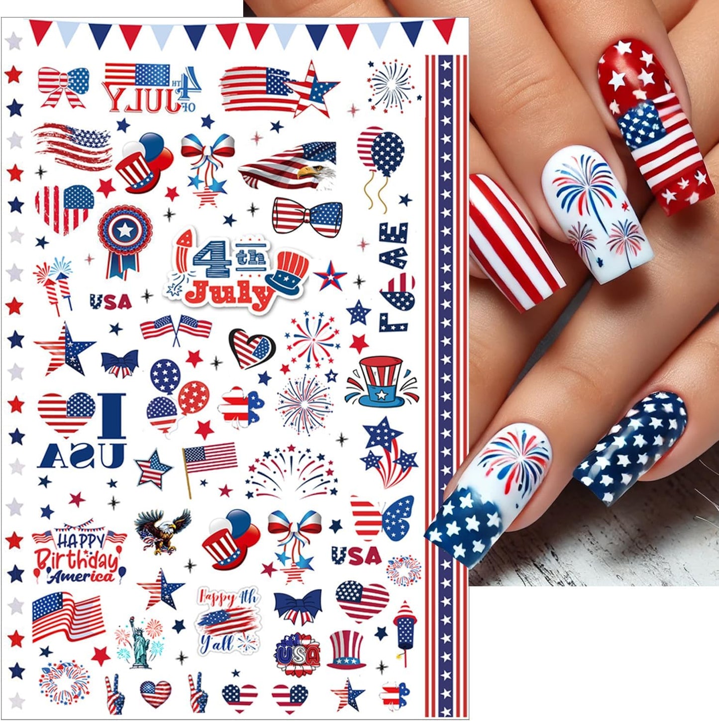 6pcs 4th of July Nail Stickers 3D Nail Decals Independence Day Nail Art Sticker for USA Flags Heart Star Stripe Letters Fireworks Nails Design Adhesive Sticker Patriotic Manicure Decorations for Women
