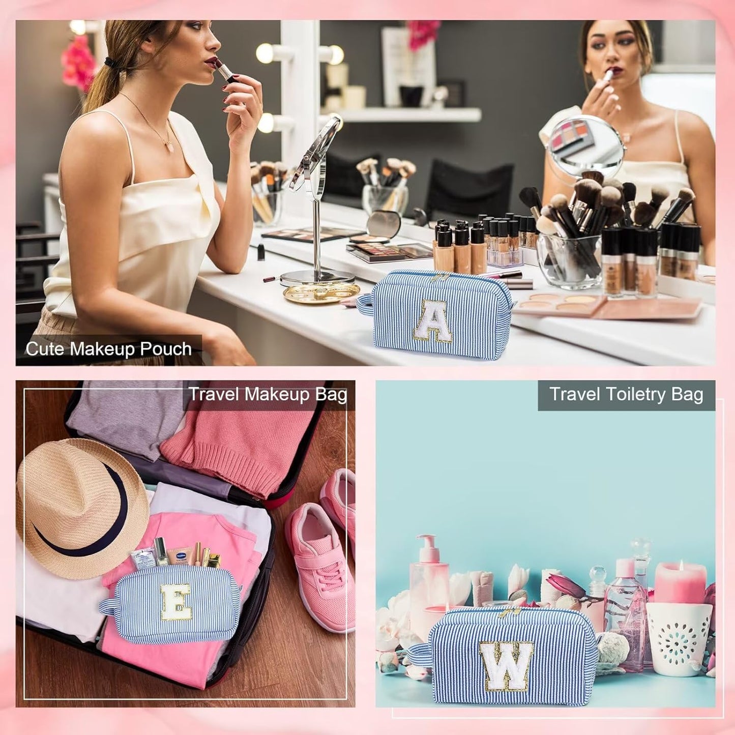 YOOLIFE Initial Cosmetic Bag for Women - Monogram Cute Blue Makeup Bag Cosmetic Toiletry Pouch Make Up Case for Women Her Best Friend Friendship Sister Teacher, Personalized Birthday Gifts for Women I