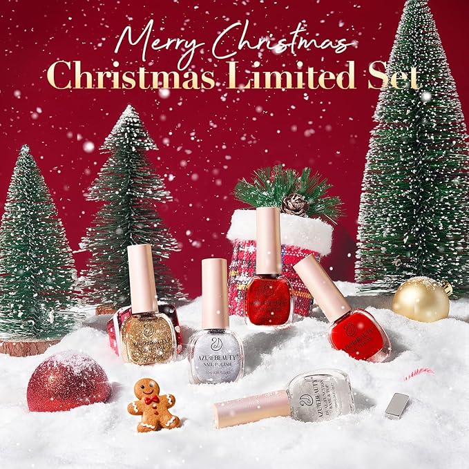 AZUREBEAUTY Red Christmas Nail Polish Set Quick Dry Silver Glitter Cat Eye 4 Colors Natural Fingernail with Top Coat DIY Salon Home no Gel Women Gifts