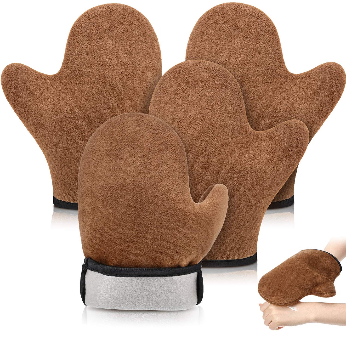 SATINIOR 4 Packs Self Tanning Mitt Applicators Double Sided Sunless Tanning Mittens Reusable Applicator Mittens Tanner Gloves with Thumb(Brown)