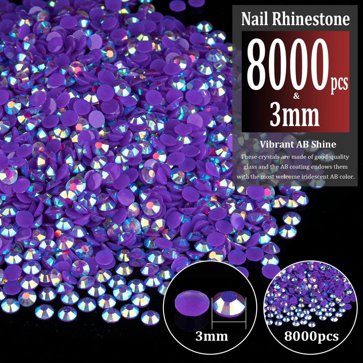 8000pcs 3mm Resin Rhinestones Bulk, Dark Purple AB Flatback Round Jelly Rhinestones Bedazzling Non Hotfix Crystal Gems Large Quantity Wholesale for DIY Crafts Clothes Tumblers Face Makeup Manicure