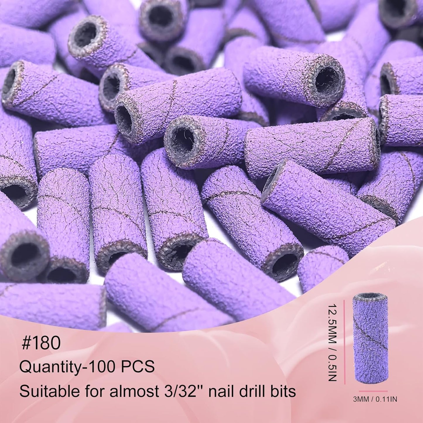 Sanding Bands for Nail Drill Nail Drill Bits Set, Corfulra Upgraded Small Sanding Bands with Mandrel Bit, 100 pcs 180 Fine Grits for Natural Nail, Nail Accessories of Nail Tech Must Haves, Purple