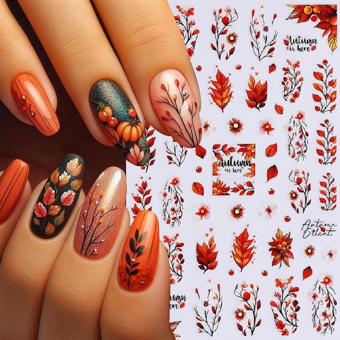 Fall Maple Leaf Nail Art Stickers Autumn Leaves Mushroom Deer Design Self-Adhesive Nail Sticker Fox Pumpkin Wheat Ears Nail Decals for Nails Women Girls Thanksgiving Day DIY Manicure Decor 6 Sheets