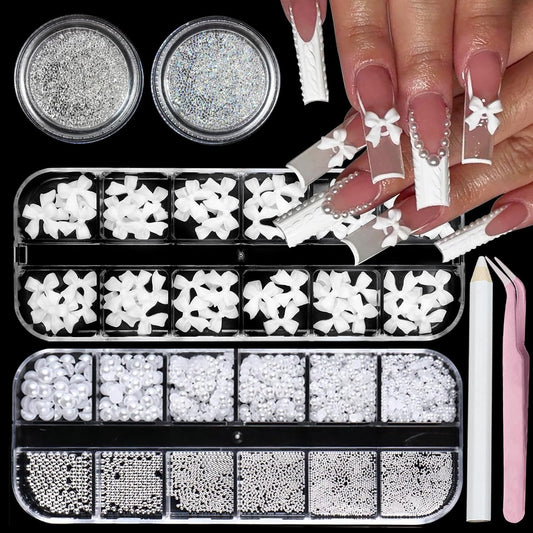 Nail Art Pearls Flatback Rhinestones Bow-Knot Nail Charms Silver Beads White Half Round Supplies Luxurious Design Jewelry DIY Crafts Accessories for Women Manicure Decorations
