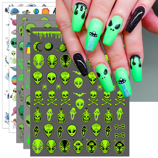 Alien Nail Art Stickers - Glow in The Dark ET UFO Astronaut Rocket Design Self-Adhesive Nail Decals for DIY Extraterrestrial Space Moon Star Manicure (6 Sheets)