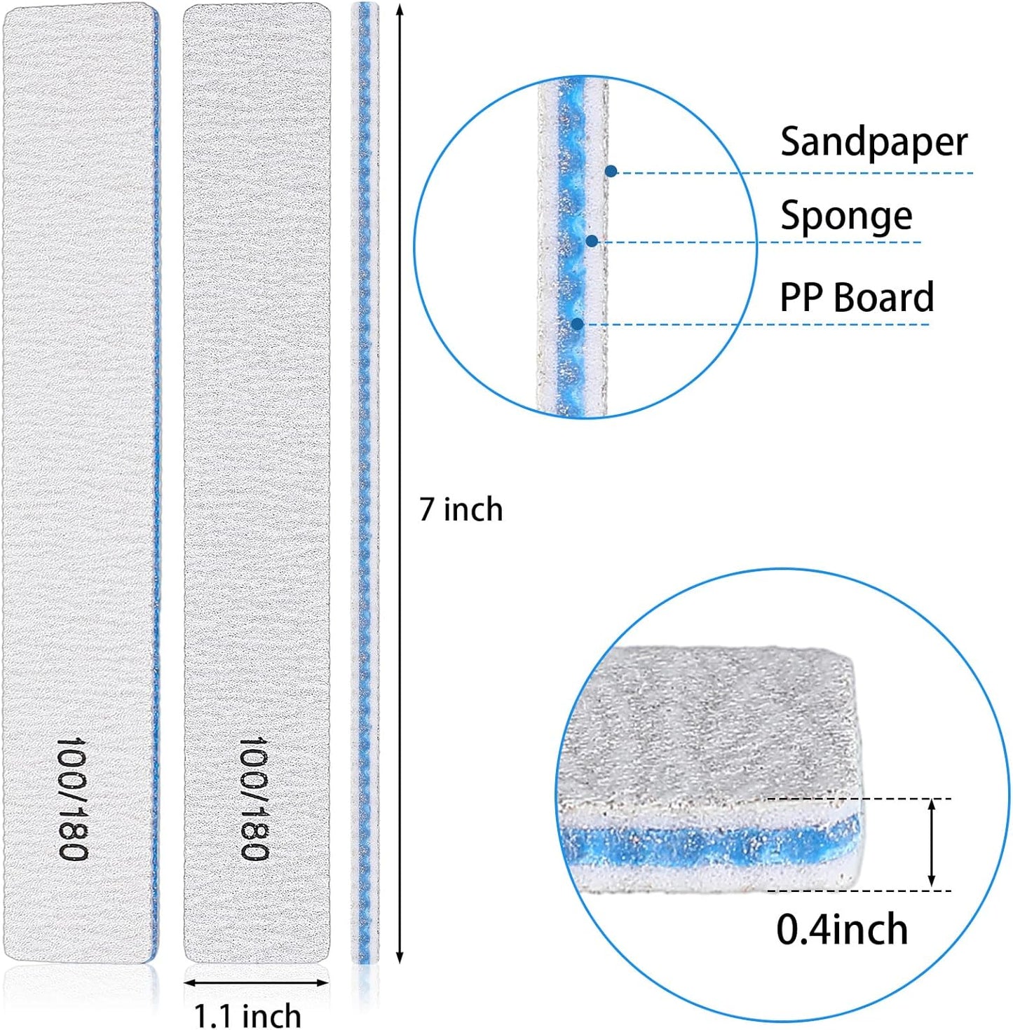 200 Pcs 100/180 Grit Nail Files, Reusable Nail File Double Sided Emery Boards for Acrylic and Gel Nails, Professional Fingernail File Manicure Tools for Filer Salon Pedicure Beauty(Rectangle)